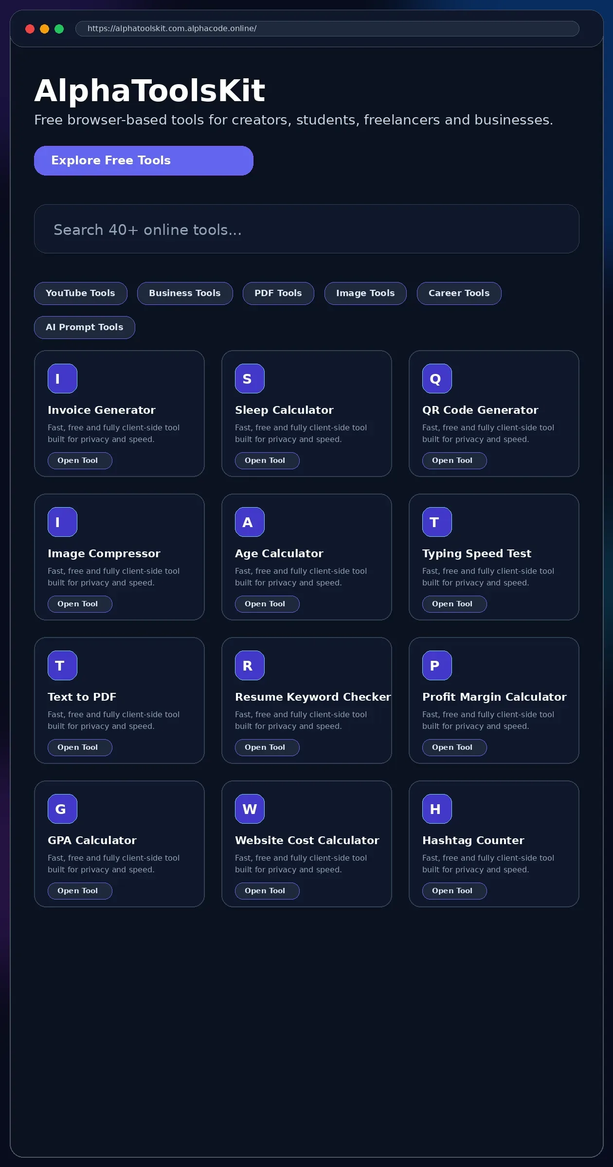 AlphaToolsKit Website scrollable screenshot by AlphaCode